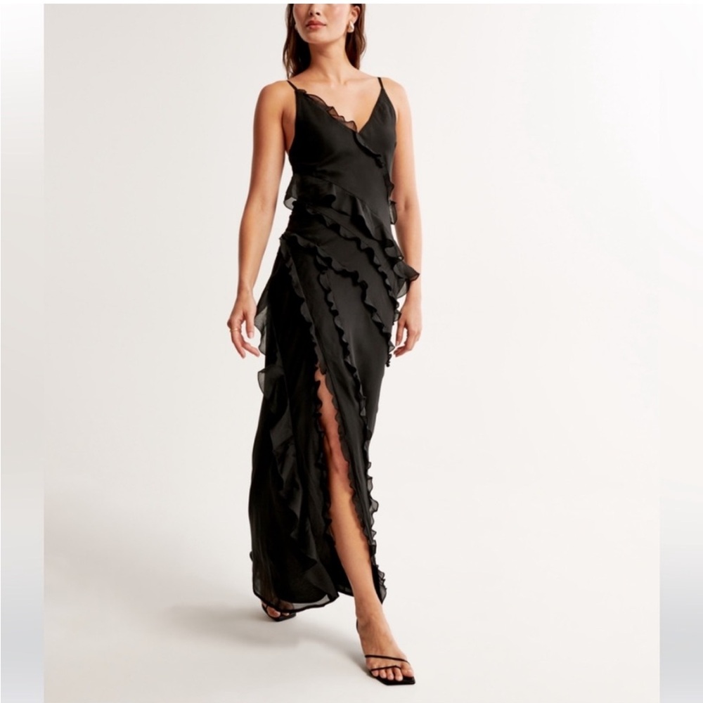 Abercrombie & Fitch Black Draped Ruffle Maxi Dress Size Small T